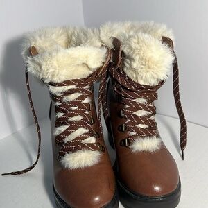 🥾Esprit Ember Faux Fur Leather Lace Up Heel Lug Sole Ankle Boots Brown Sz 6 M